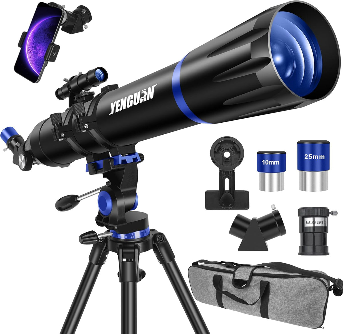 Lunette/télescope 90 mm d'ouverture, focale de 800 mm - Lunette/télescope réfracteur professionnel pour adultes et enfants, haute puissance, simple à prendre en main pour les utilisateurs novices, adaptateur pour téléphone
