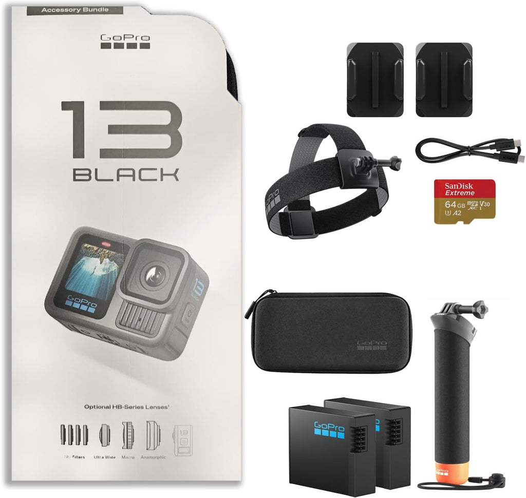 GoPro Hero13 Black 27MP Caméra sportive résistant à l’eau - Kit d'accessoires spéciaux | Vidéo Ultra HD 5,3K60 avec poignée, 2 batteries Enduro 1900 mAh, carte de stockage microSDXC Extreme 64 Go et bandeau de tête 2.0
