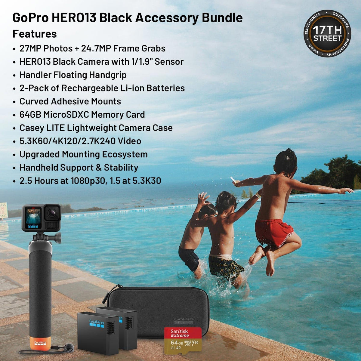 GoPro Hero13 Black 27MP Caméra sportive résistant à l’eau - Kit d'accessoires spéciaux | Vidéo Ultra HD 5,3K60 avec poignée, 2 batteries Enduro 1900 mAh, carte de stockage microSDXC Extreme 64 Go et bandeau de tête 2.0