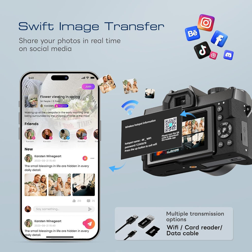 Appareil photo digital avec Wi-Fi et application de contrôle, véritable caméra de vlogging 4K et 48 MP pour YouTube, compacte, zoom 16x, autofocus, stabilisation vidéo, adapté à les débutants, objectifs macro et grand angle