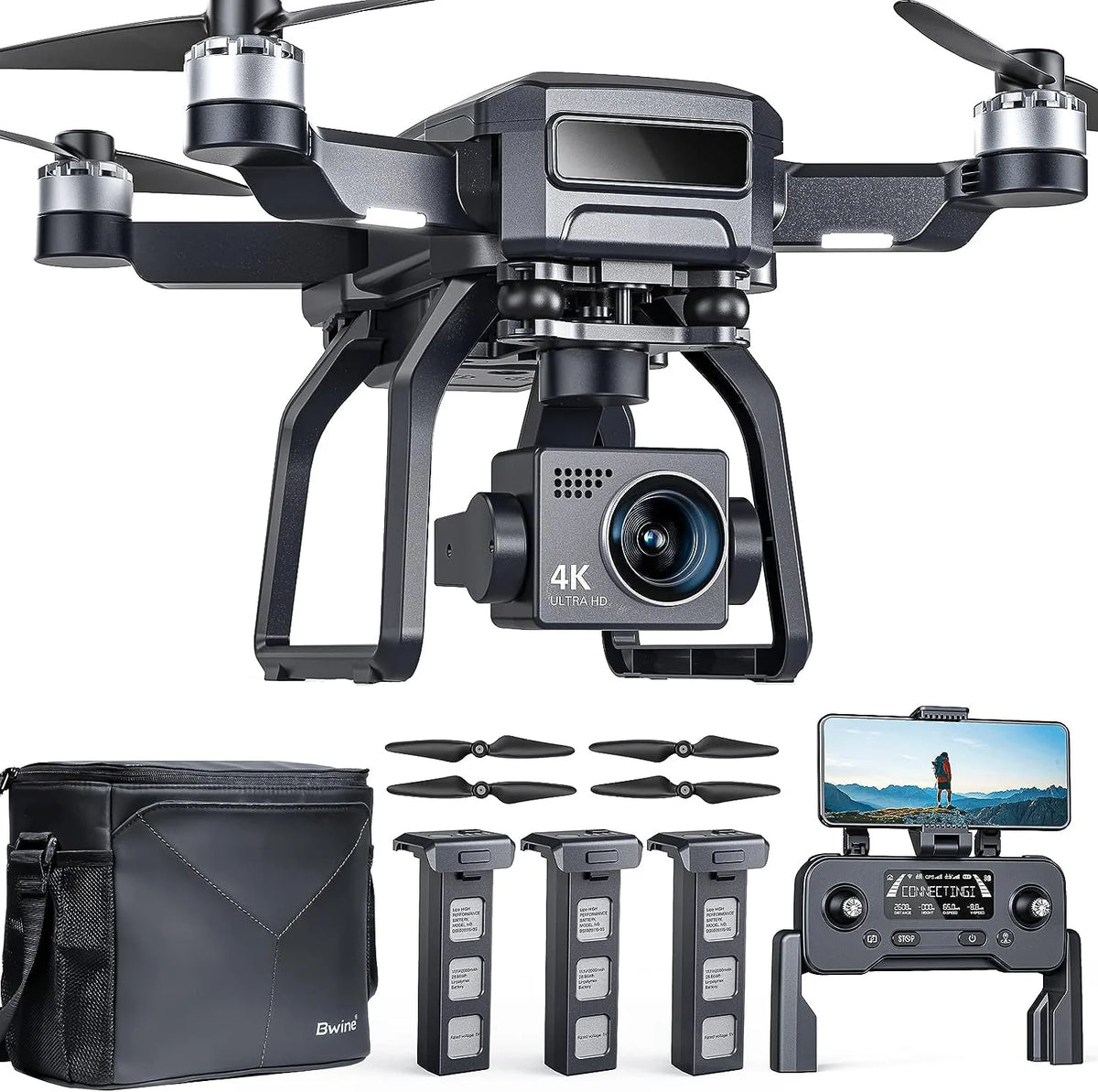 Drone GPS doté de caméra pour adultes, vision nocturne 4K, nacelle 3 axes, portée de 3,2 km, autonomie de vol de 75 minutes. Drone professionnel doté de 3 batteries, retour automatique, mode « Suivez-moi »