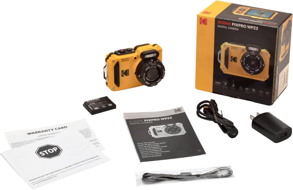 Kodak PIXPRO WPZ2 Appareil photo digital robuste, résistant à l’eau et antichoc 16 MP, grossissement optique 4x, vidéo Full HD 1080p, écran LCD 2,7 pouces (jaune), carte SD 32 Go, étui compact - Noir, dragonne flottante (lot de 7)
