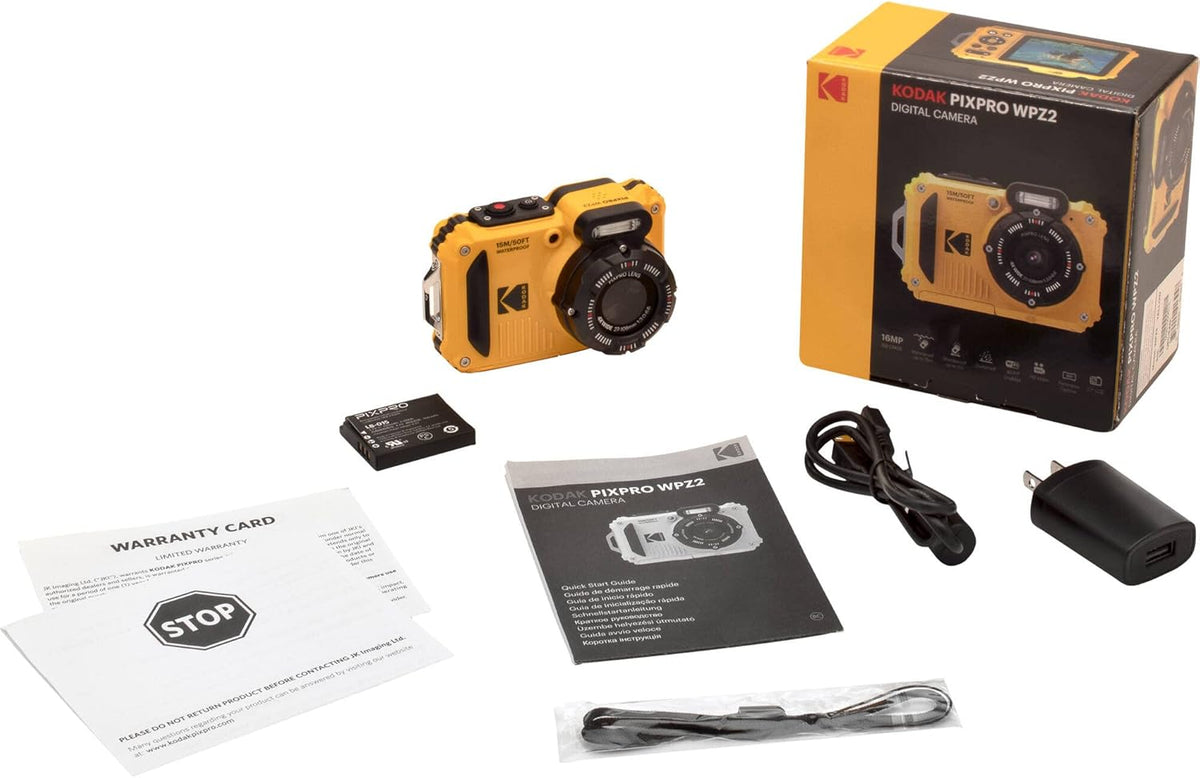 Kodak PIXPRO WPZ2 Appareil photo digital robuste, résistant à l’eau et antichoc 16 MP, grossissement optique 4x, vidéo Full HD 1080p, écran LCD 2,7 pouces (jaune), carte SD 32 Go, étui compact - Noir, dragonne flottante (lot de 7)