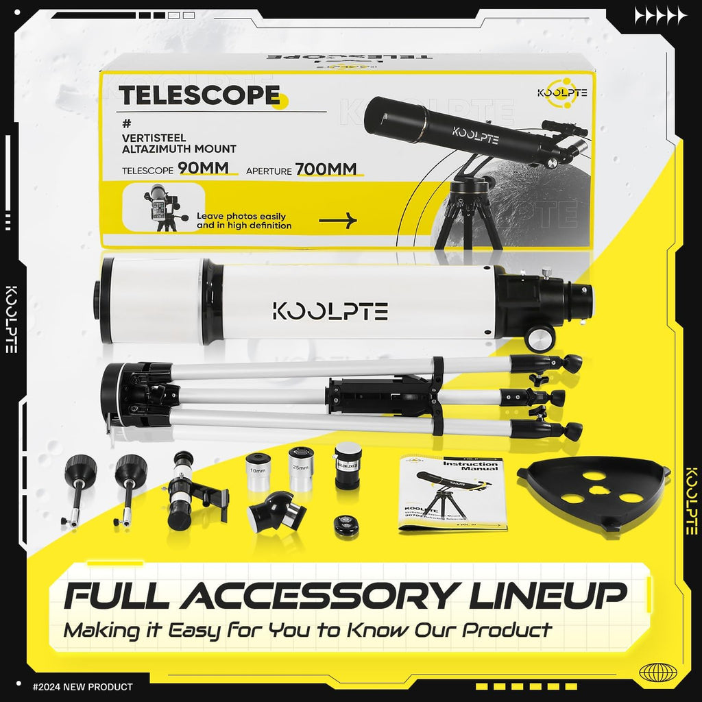 Lunette/télescope de 90 mm d'ouverture et 700 mm de focale doté de monture AZ Vertisteel à mouvement lent. Lunette/télescope haute puissance pour adultes et débutants, idéal pour l'astronomie. Livré doté de sac de transport