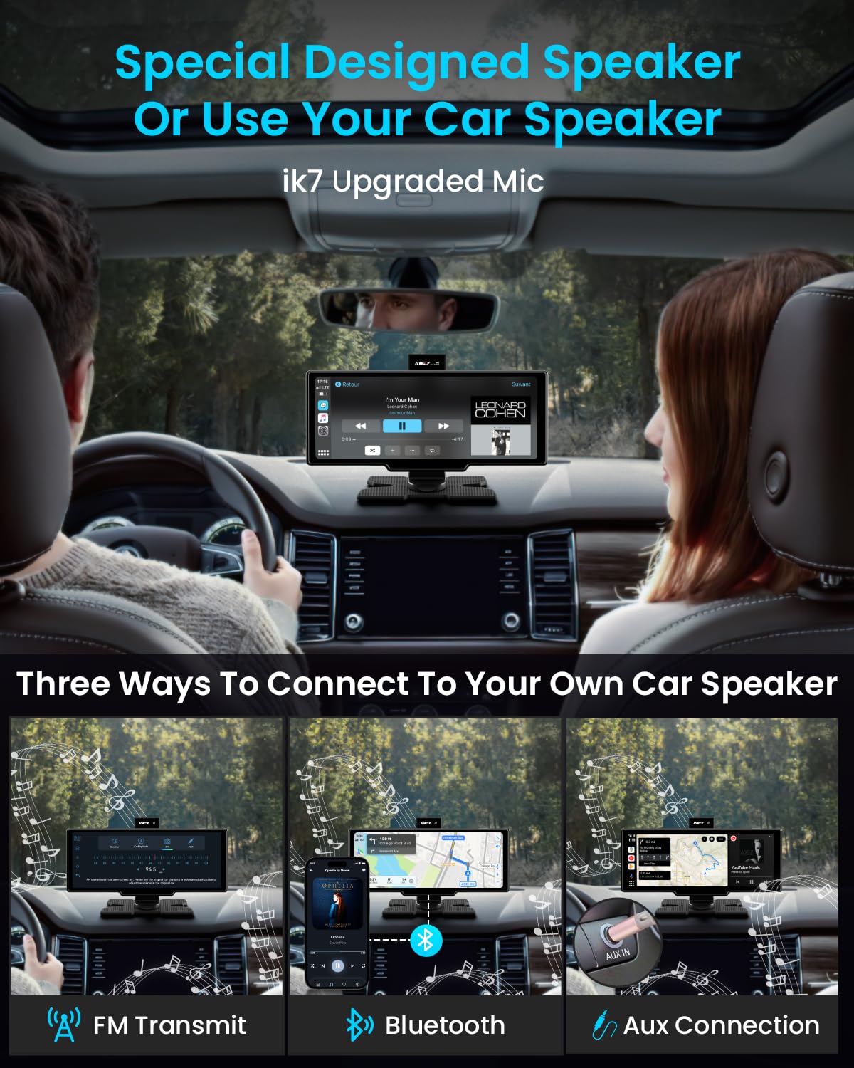 Écran portable IIWEY Apple CarPlay 10 pouces, autoradio doté de caméra embarquée 4K
