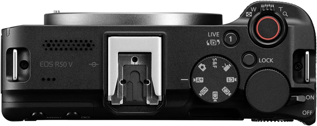 Appareil photo hybride Canon EOS R50 V doté de objectif RF-S 14-30 mm F4-6.3 IS STM PZ, capteur APS-C, 24,2 mégapixels, zoom ultra grand-angle, autofocus rapide, kit idéal pour le vlogging et le streaming en direct, noir.