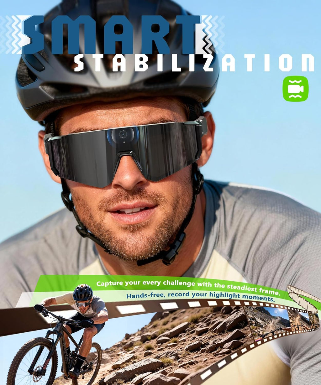 Lunettes intelligentes IA doté de caméra, enregistrement vidéo 4K, lunettes de soleil de sport polarisées doté de stabilisation EIS, double microphone et réduction du bruit, IP66, compatible ChatGPT