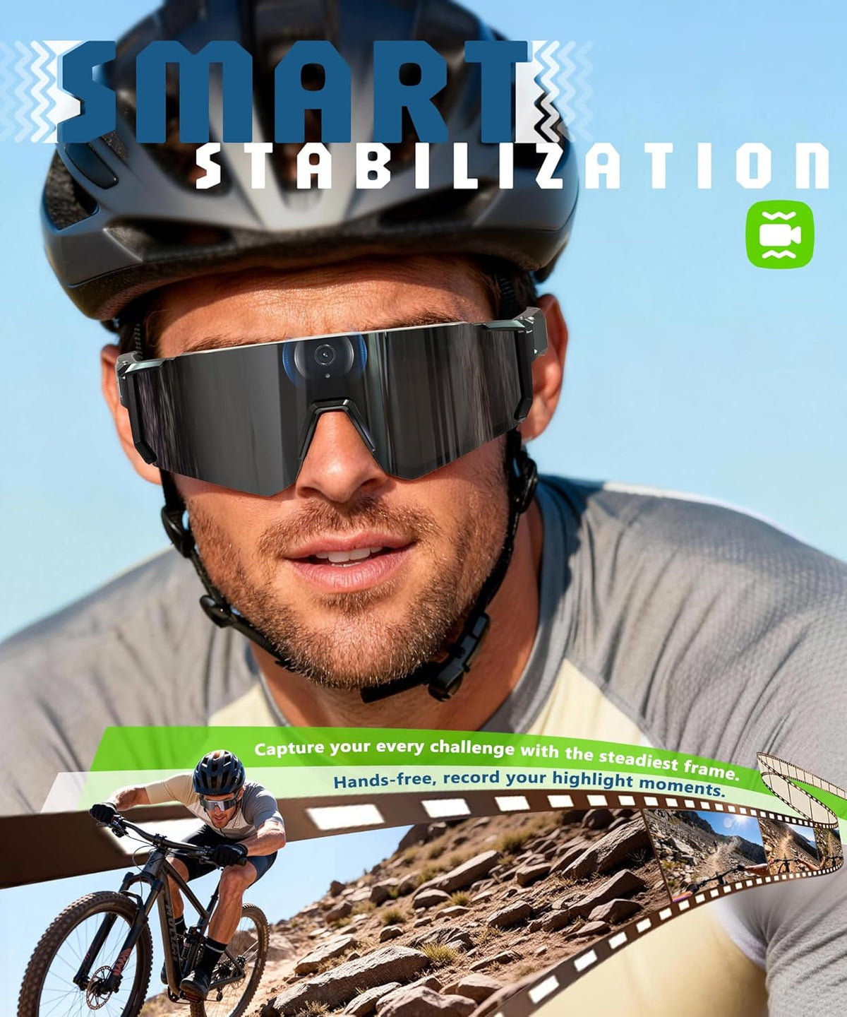 Lunettes intelligentes IA doté de caméra, enregistrement vidéo 4K, lunettes de soleil de sport polarisées doté de stabilisation EIS, double microphone et réduction du bruit, IP66, compatible ChatGPT