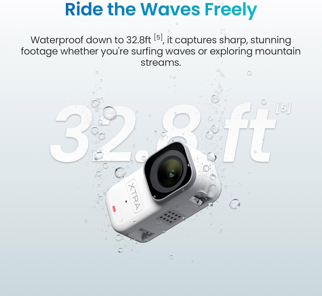 Caméra sportive portable 4K Xtra Atto (128 Go) : 54 g, légère et compacte, capteur 1/1,3″, vidéo 4K/60 ips, enregistrement jusqu'à 220 minutes, pré-enregistrement de 5 minutes, stabilisation intégrée, transfert rapide à 600 Mo/s