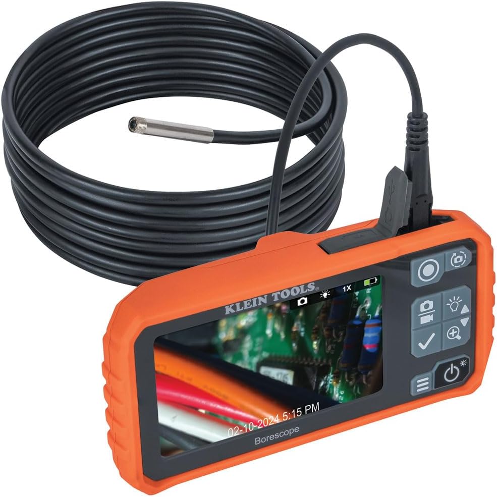 Endoscope utilitaire Klein Tools ET17 doté de flexible résistant à l’eau de 5,5 mm et 3 m, LED, écran LCD 4,3 pouces, accessoires et caméra d'inspection endoscopique
