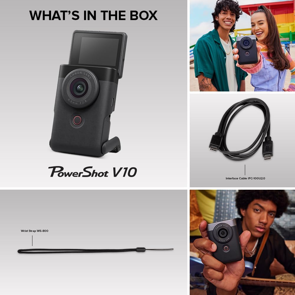 Canon PowerShot V10, appareil photo compact pour vlogging, capteur CMOS 1 pouce, streaming vidéo 4K, objectif zoom grand angle intégré, écran LCD orientable et micro stéréo, stabilisation d'image, studio de création dans votre poche, - Noir.