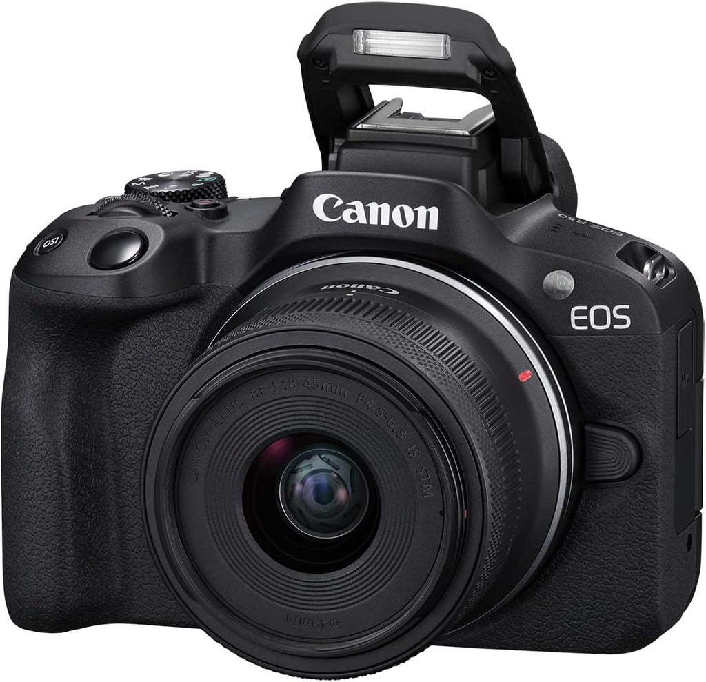 Appareil photo hybride Canon EOS R50, kit objectif RF-S 18-45 mm F4.5-6.3 IS STM, capteur CMOS 24,2 mégapixels (APS-C), vidéo 4K, monture RF, - Noir. Idéal pour la photo, la vidéo et le vlogging.