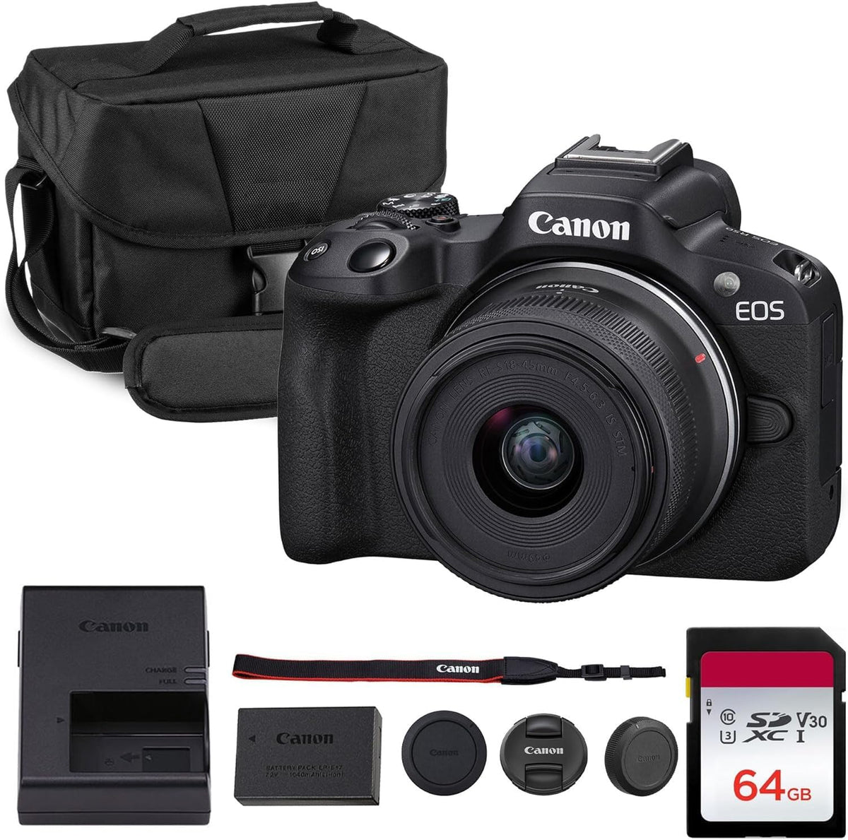 Kit appareil photo hybride Canon EOS R50 – Appareil photo RF APS-C doté de objectif 18-45 mm, vidéo 4K, autofocus Dual Pixel II et affichage tactile orientable (5811C012) + sacoche + carte de stockage 64 Go
