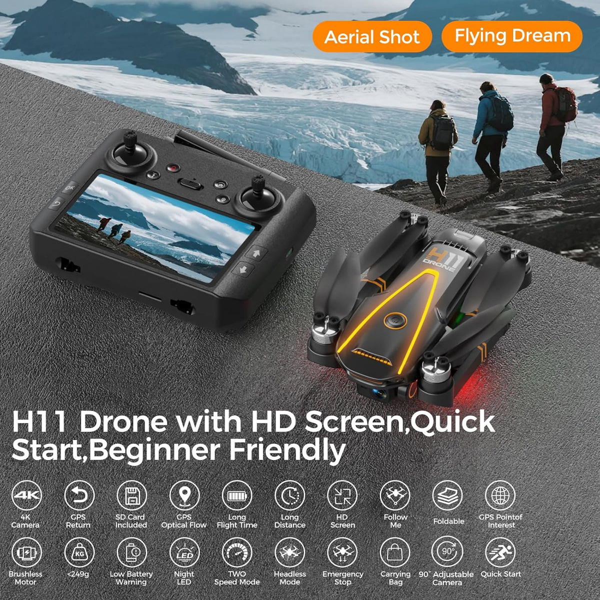 Drone GPS avec caméra 4K EIS pour toute la famille, drone radiocommandé avec écran HD 4,5 pouces sur la télécommande, retour automatique, 2 batteries pour 45 min de vol, transmission longue portée, modes vol circulaire et suivi