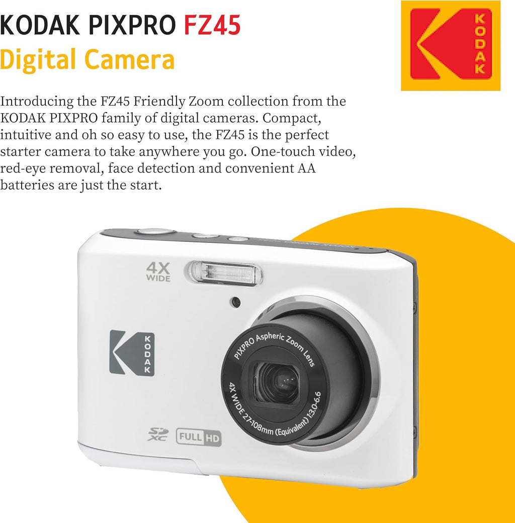 Appareil photo numérique KODAK PIXPRO FZ45 16 MP doté de zoom optique 4x, grand angle 27 mm et écran LCD 2,7 pouces. Livré doté de carte mémoire SD 32 Go, piles AA (lot de 4) et chiffon de nettoyage pour objectif (blanc).