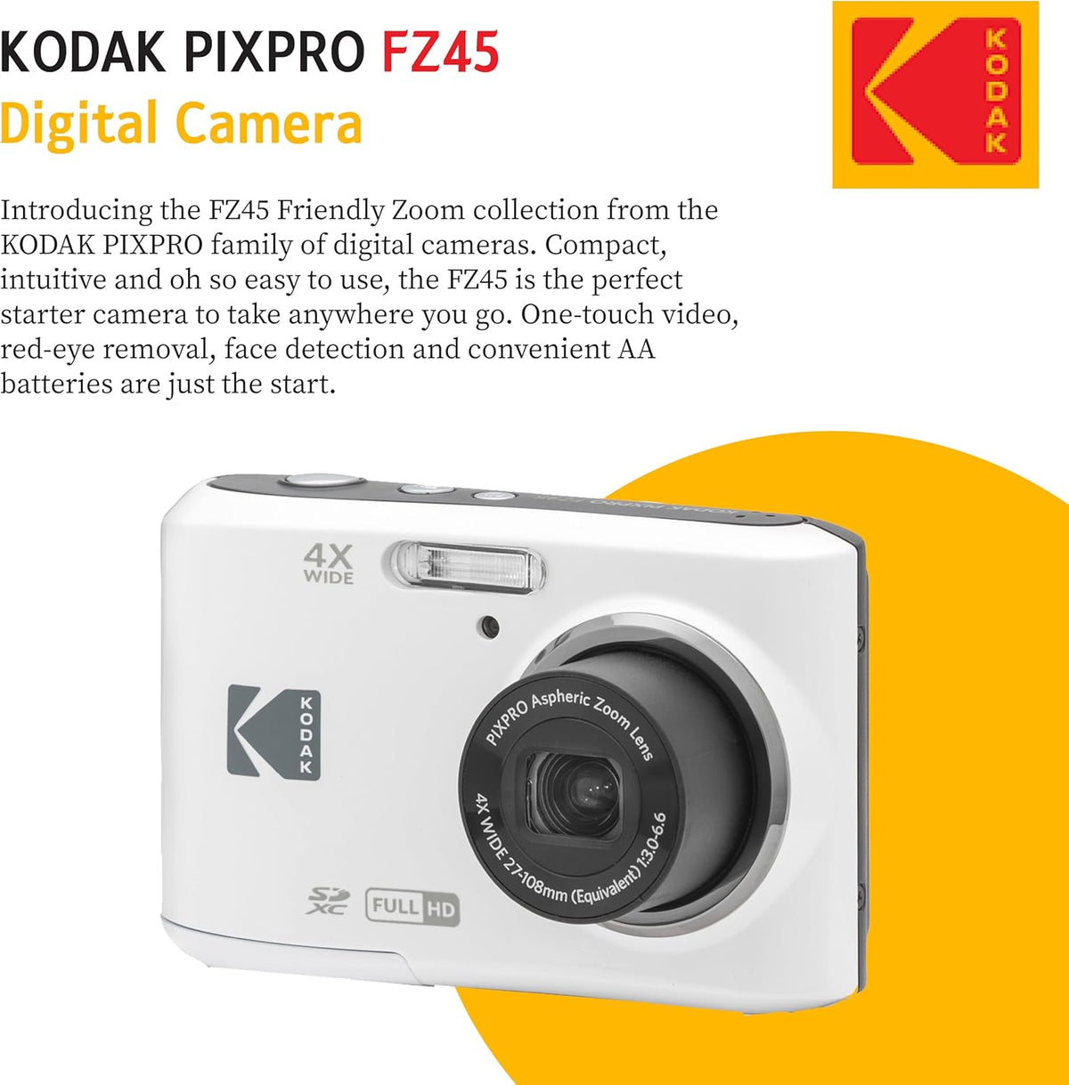 Appareil photo numérique KODAK PIXPRO FZ45 16 MP doté de zoom optique 4x, grand angle 27 mm et écran LCD 2,7 pouces. Livré doté de carte mémoire SD 32 Go, piles AA (lot de 4) et chiffon de nettoyage pour objectif (blanc).