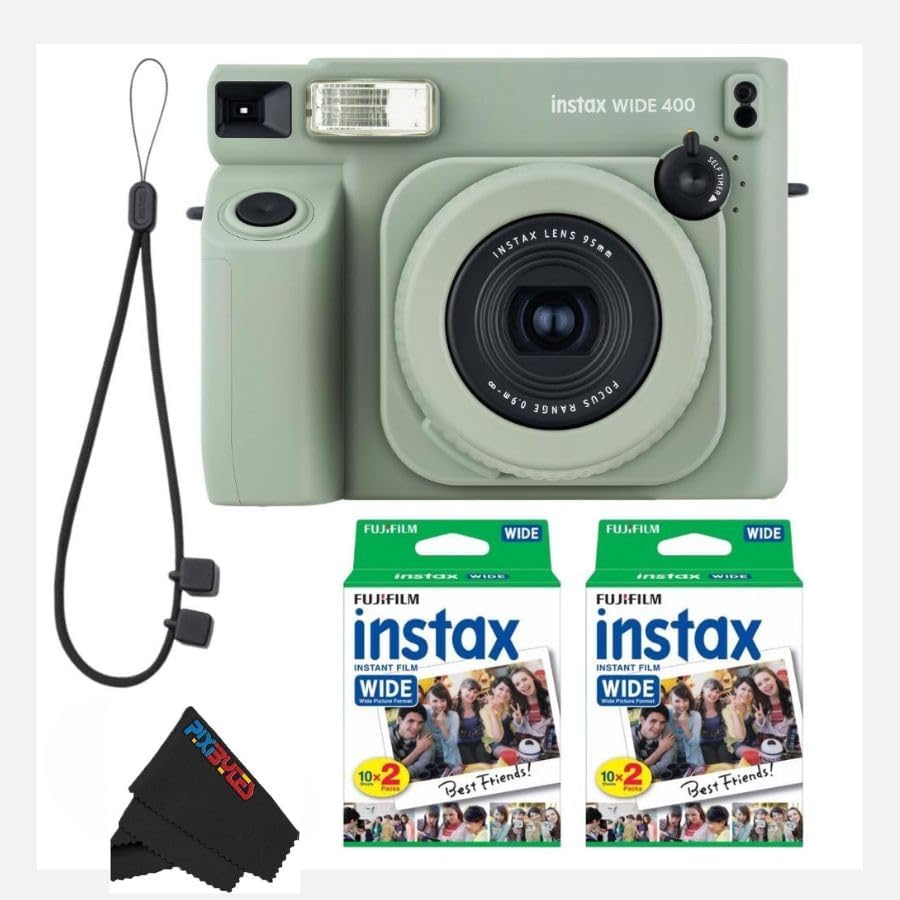 Appareil photo instantané Fujifilm INSTAX Wide 400 - Vert sauge doté de chiffon de nettoyage en microfibre Pixibytes (appareil photo + 2 packs doubles Wide)