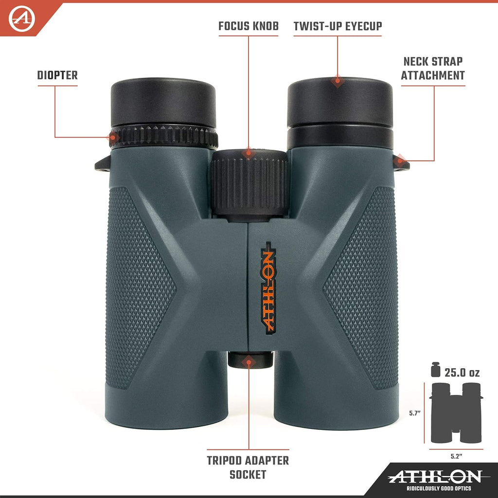 Jumelles Athlon Optics 8x42 Midas UHD grises doté de verres ED pour toute la famille. Jumelles haute puissance idéales pour la chasse, l'observation des oiseaux et bien plus encore.