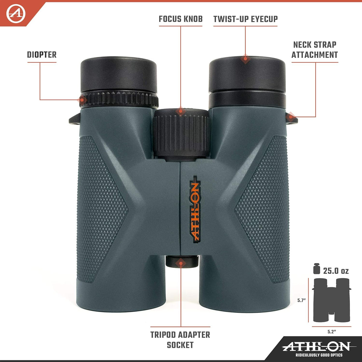 Jumelles Athlon Optics 8x42 Midas UHD grises doté de verres ED pour toute la famille. Jumelles haute puissance idéales pour la chasse, l'observation des oiseaux et bien plus encore.
