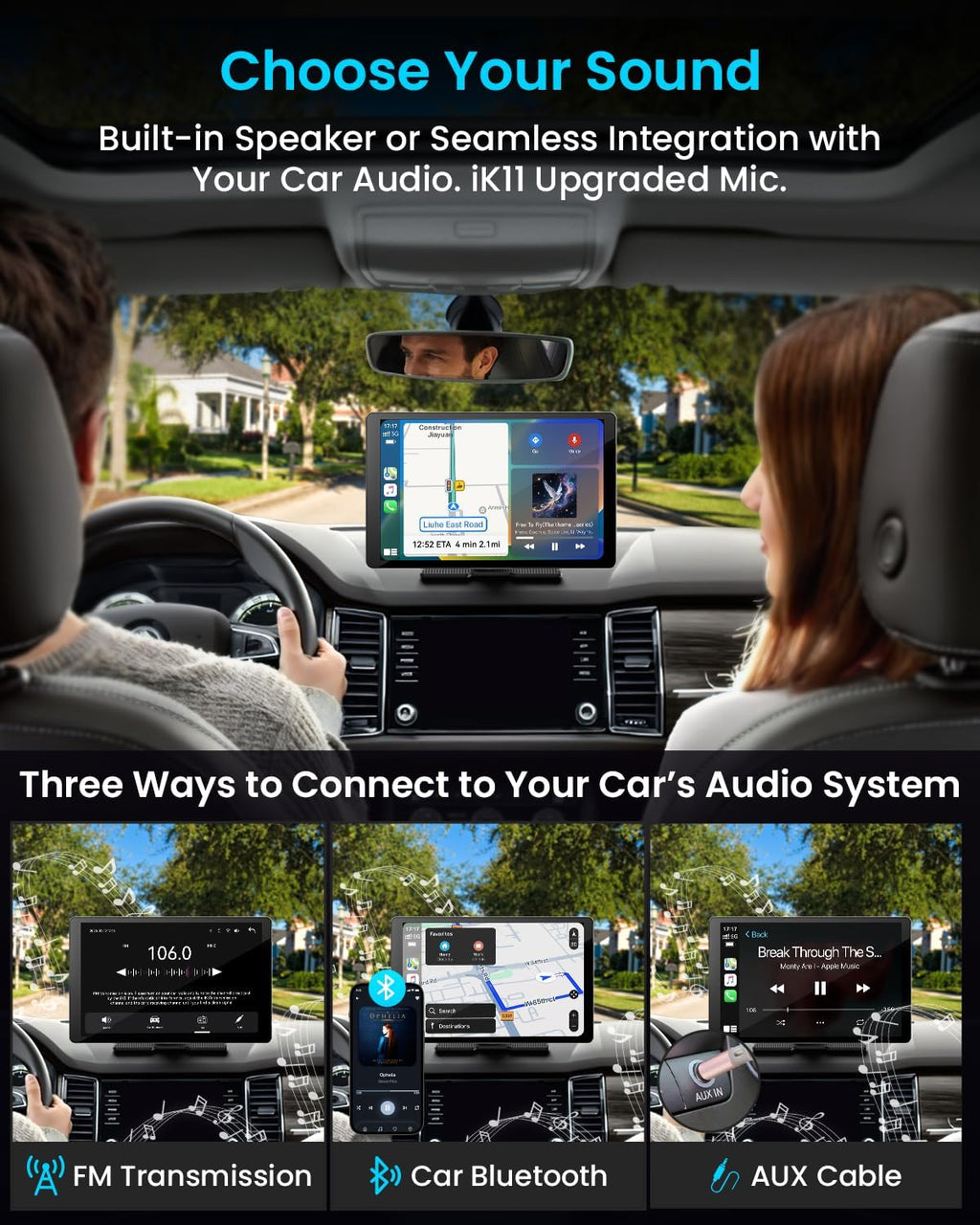 Écran sans fil extra large Apple CarPlay 11 pouces pour voiture – Autoradio tactile ultra-fin de 0,16 pouce doté de Android Auto, caméra embarquée 4K, caméra de recul 1080p, GPS, Mirror Link et commande vocale