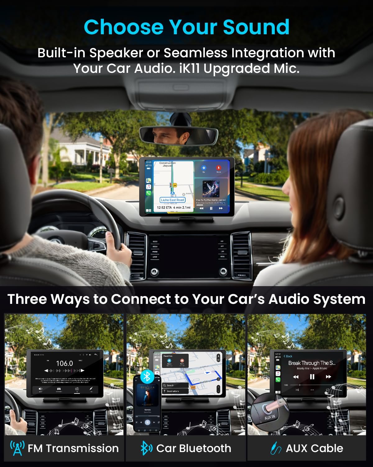 Écran sans fil extra large Apple CarPlay 11 pouces pour voiture – Autoradio tactile ultra-fin de 0,16 pouce doté de Android Auto, caméra embarquée 4K, caméra de recul 1080p, GPS, Mirror Link et commande vocale