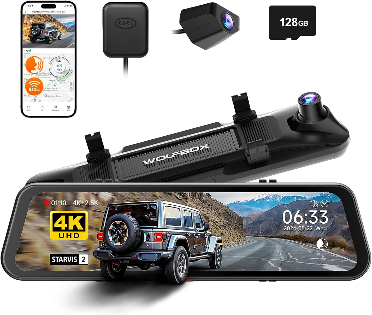 Caméra embarquée WOLFBOX G900 PRO doté de capteur STARVIS IMX678 8 MP, rétroviseur de 12 pouces doté de caméra avant 4K et arrière 2,5K, carte de stockage 128 Go incluse, commande vocale, Wi-Fi 5,8 GHz, enregistrement en boucle, capteur G et GPS.
