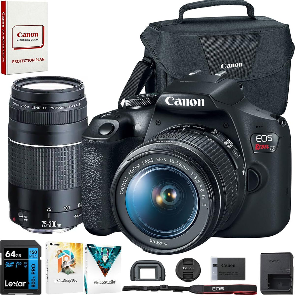 Reflex numérique Canon EOS Rebel T7 doté de kit double zoom EF 18-55 mm + EF 75-300 mm (réf. 2727C021), carte de stockage SDXC Lexar Premium 64 Go, sac photo Deco Essentials et suite logicielle Corel Photo Video.