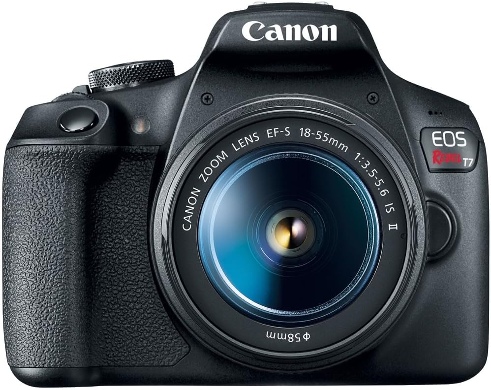 Reflex numérique Canon EOS Rebel T7 doté de objectif 18-55 mm, carte mémoire 64 Go, sac photo, filtre UV 58 mm et chiffon de nettoyage en microfibre (5 articles).