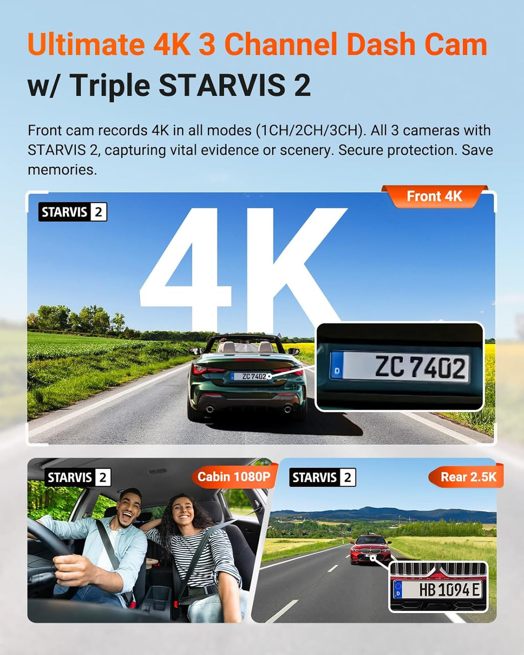 Caméra embarquée Vantrue N4 Pro S 4K à 3 canaux doté de triple STARVIS 2 : caméra avant, intérieure et arrière 4K + 1080p + 2,5K, vision nocturne infrarouge HDR double canal, commande vocale, mode parking, GPS, Wi-Fi et disque dur de 1 To.