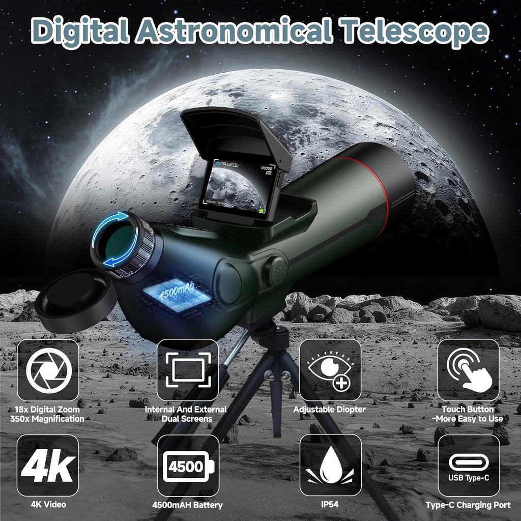 Lunette/télescope intelligent professionnel réfracteur à mise au point automatique, télescope électronique numérique portable doté de caméra astrophotographique 4K, double écran interne et externe