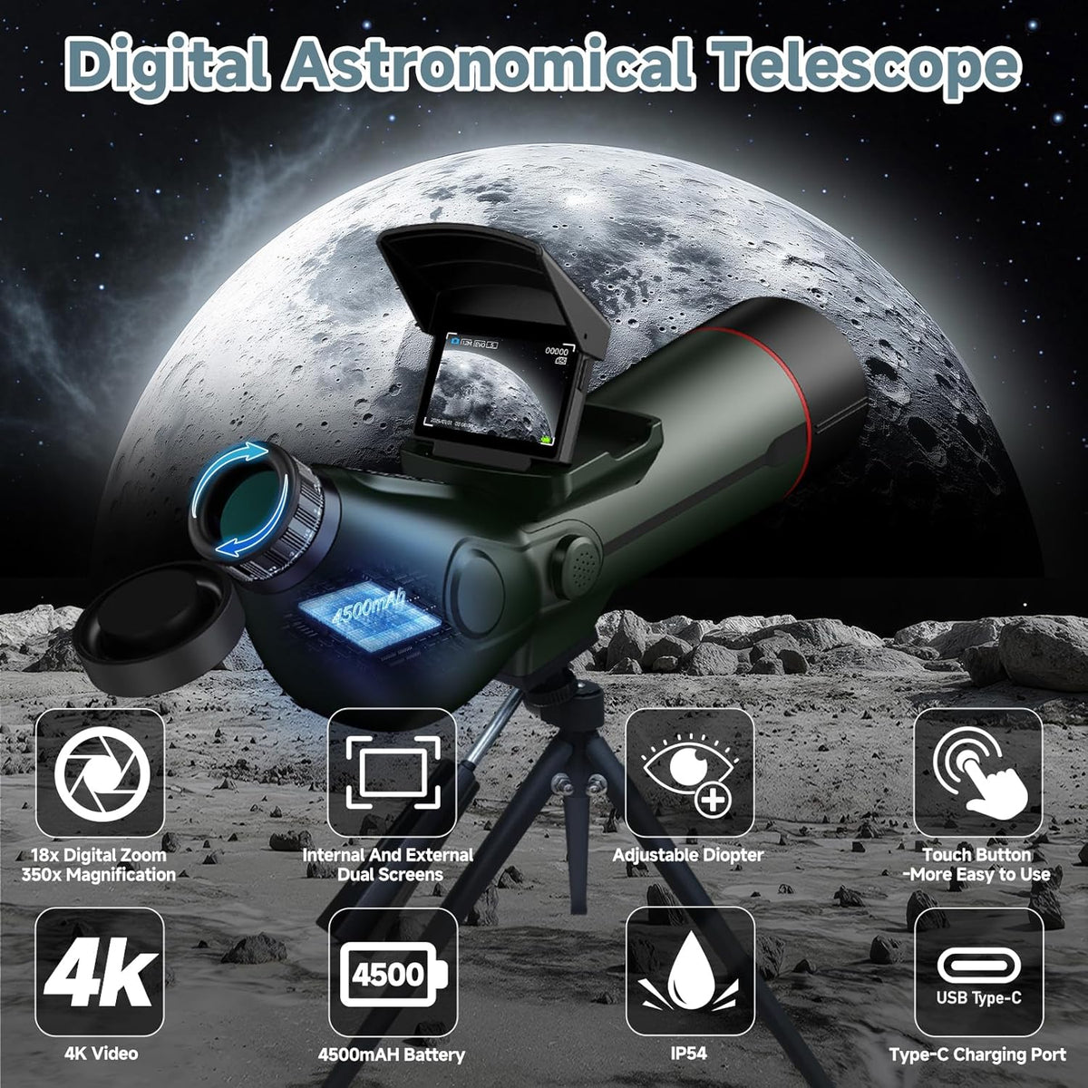 Lunette/télescope intelligent professionnel réfracteur à mise au point automatique, télescope électronique numérique portable doté de caméra astrophotographique 4K, double écran interne et externe