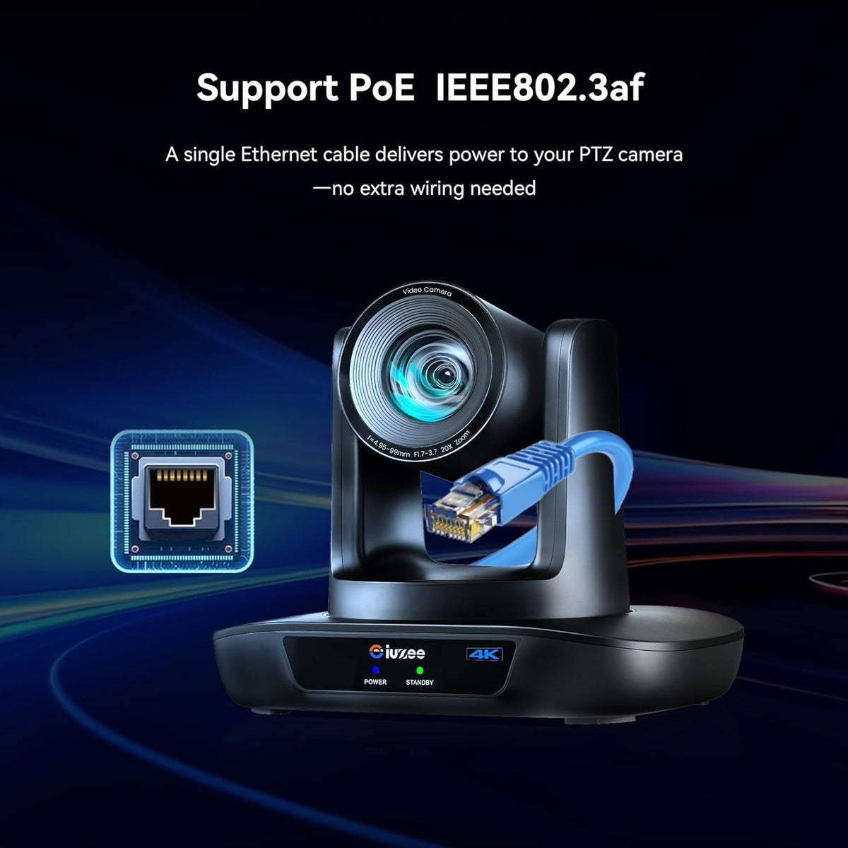 Caméra PTZ 4K UHD doté de suivi automatique IA, grossissement optique 20x, USB 3.0/HDMI/LAN PoE, diffusion en direct sur IP, caméra PTZ pour salles de conférence (offices religieux, formations, événements), compatible doté de YouTube et OBS.