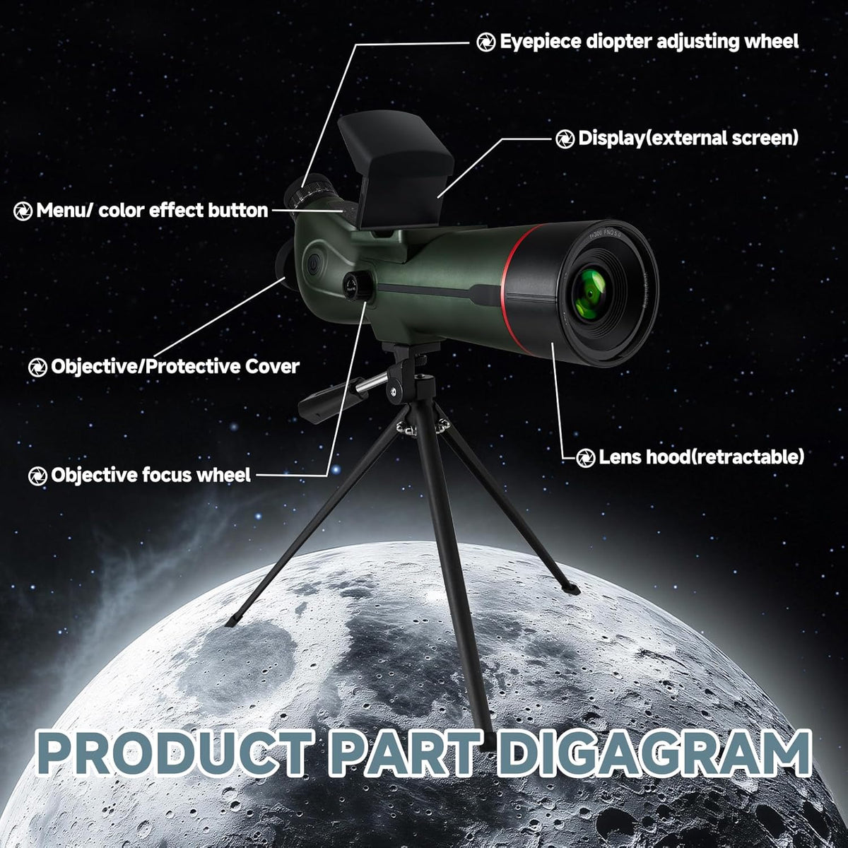 Lunette/télescope intelligent professionnel réfracteur à mise au point automatique, télescope électronique numérique portable doté de caméra astrophotographique 4K, double écran interne et externe