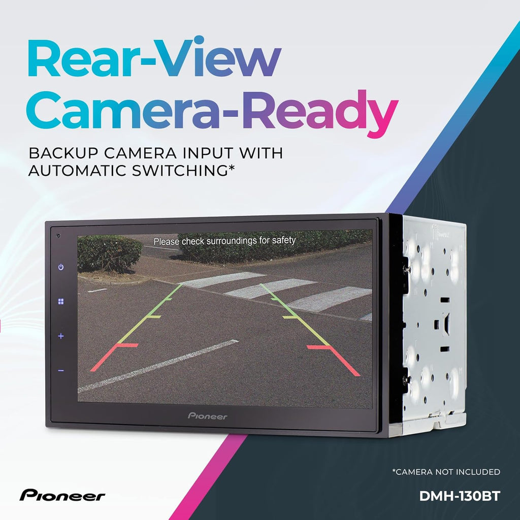 Autoradio Pioneer DMH-130BT 6,8" tactile résistif double DIN – Bluetooth, caméra de recul, USB, FLAC, radio AM/FM, châssis court, 4 x 50 W, entrée au volant – Présentation