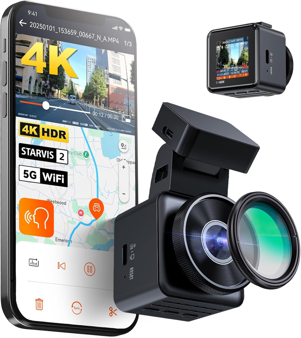 Caméra embarquée Vantrue E1 Pro 4K Mini avec vision nocturne HDR PlatePix, WiFi 5G intégré, GPS, écran IPS 1,54'', commande vocale, enregistrement en continu 24h/24 et 7j/7, mode parking, prise en charge jusqu'à 1 To de mémoire – Présentation