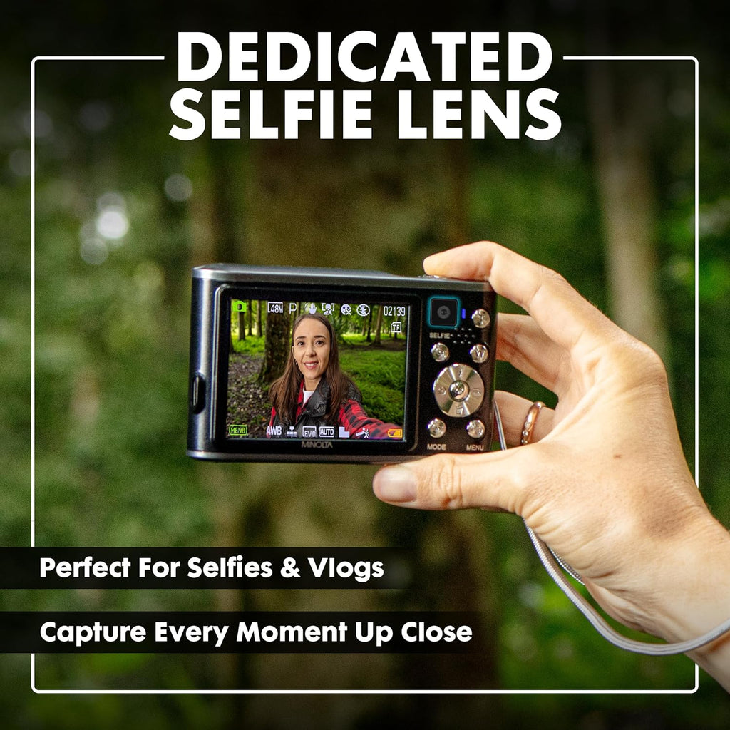 Appareil photo digital Minolta 48 MP avec objectif selfie arrière – Vidéo 4K Ultra HD, écran LCD 2,8 pouces, zoom numérique 16x, autofocus, ralenti, filtres time-lapse, modes scène, carte 32 Go incluse (bleu)