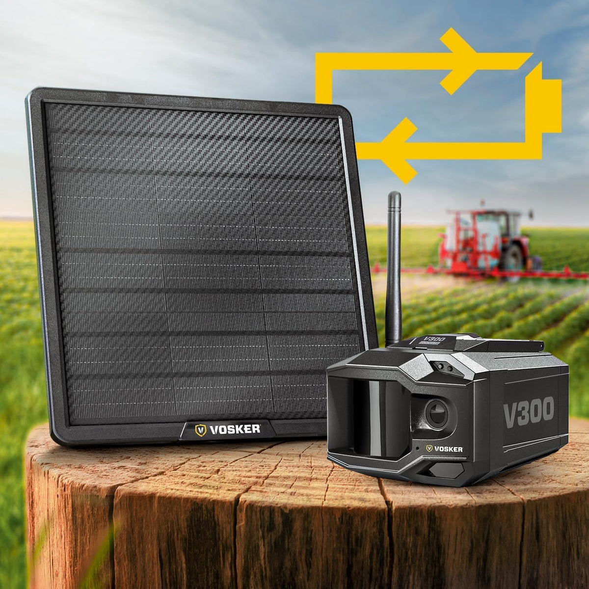 Caméra de surveillance extérieure Vosker V300 Ultimate Farmers Kit avec panneau solaire externe pour fermes, pâturages et serres, 4G LTE, - Noire, unité unique avec batterie