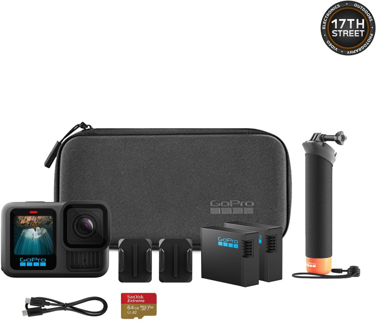 GoPro Hero13 Black 27MP Caméra sportive résistant à l’eau - Kit d'accessoires spéciaux | Vidéo Ultra HD 5,3K60 avec poignée, 2 batteries Enduro 1900 mAh, carte de stockage microSDXC Extreme 64 Go et bandeau de tête 2.0