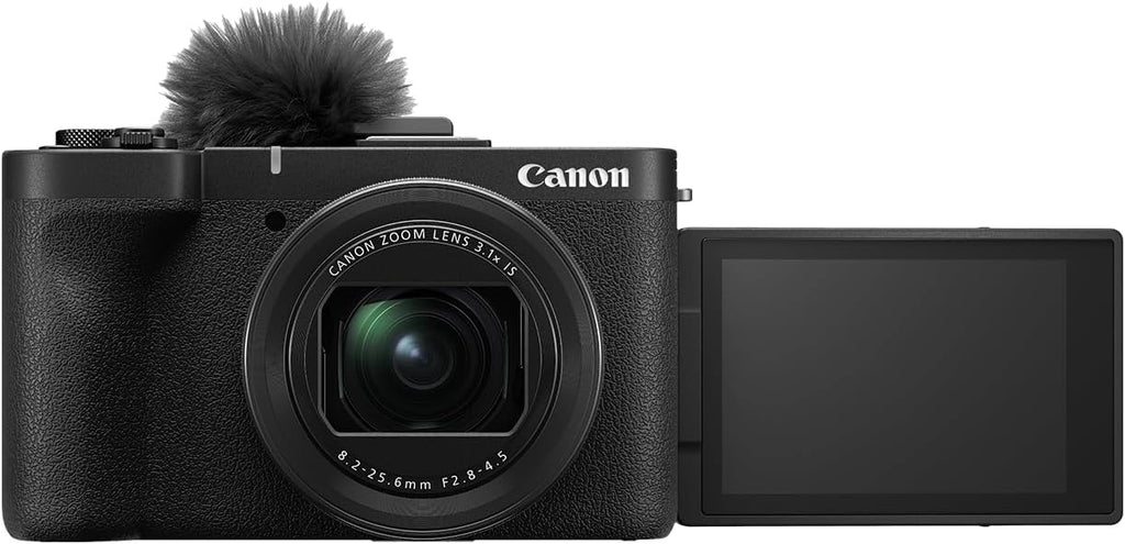 Appareil photo hybride Canon PowerShot V1 : objectif zoom ultra grand-angle intégré, vidéo 4K, vlogging, streaming en direct, création de contenu, design compact.
