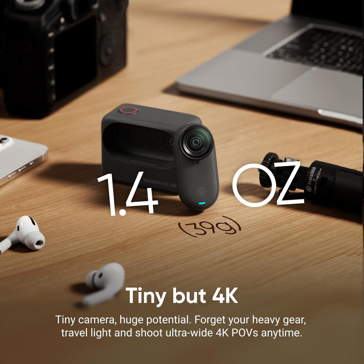 Insta360 GO 3S - 128 Go Noir 4K Mini Caméra Portable pour Vlogging Mains Libres POV Fixation Universelle Stabilisation Autonomie 140 min Étanche jusqu'à 10 m POV pour Animaux – Présentation