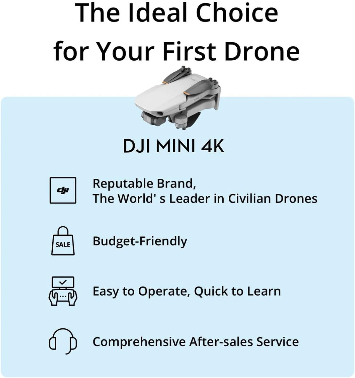 DJI Mini 4K, drone doté de caméra 4K UHD pour adultes, moins de 249 g, stabilisation sur nacelle 3 axes, transmission vidéo jusqu'à 10 km, retour automatique, résistance au vent, autonomie maximale de 31 minutes doté de une seule batterie