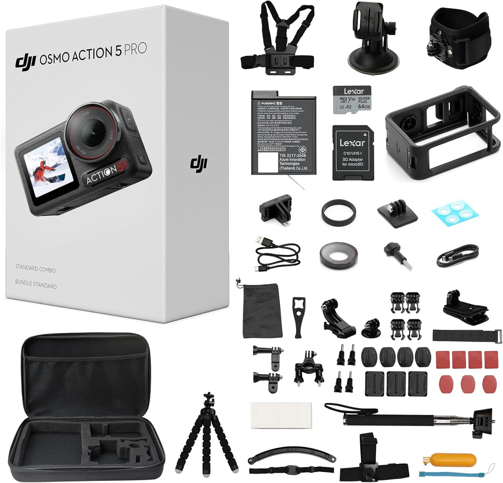DJI Osmo Action 5 Pro - Kit Standard doté de kit de 58 accessoires + carte de stockage 64 Go - Caméra d'action étanche doté de capteur 1/1,3", vidéo 4K/120 ips, adaptée à le sport (1 batterie incluse)