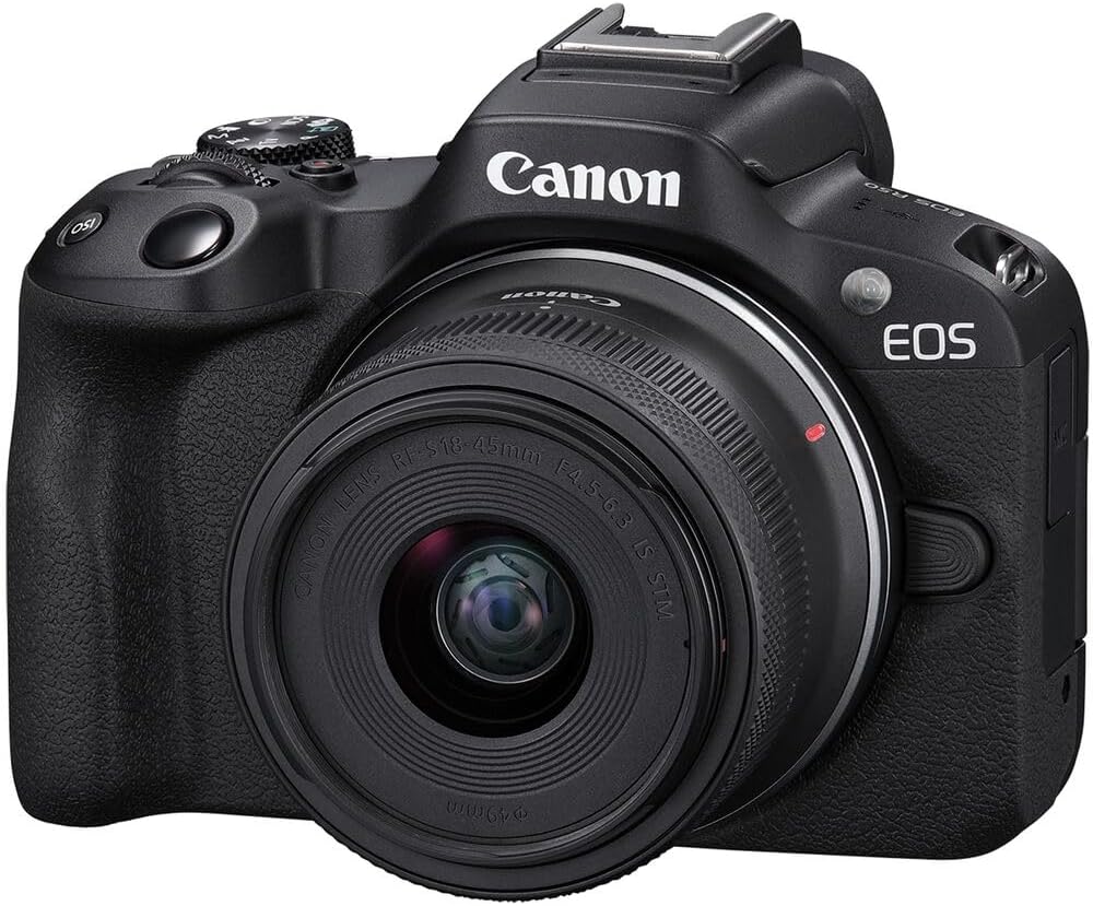 Appareil photo hybride Canon EOS R50 avec objectif 18-45 mm (– Noir) + carte de stockage 64 Go + sac bandoulière Canon 200ES EOS (3 articles)