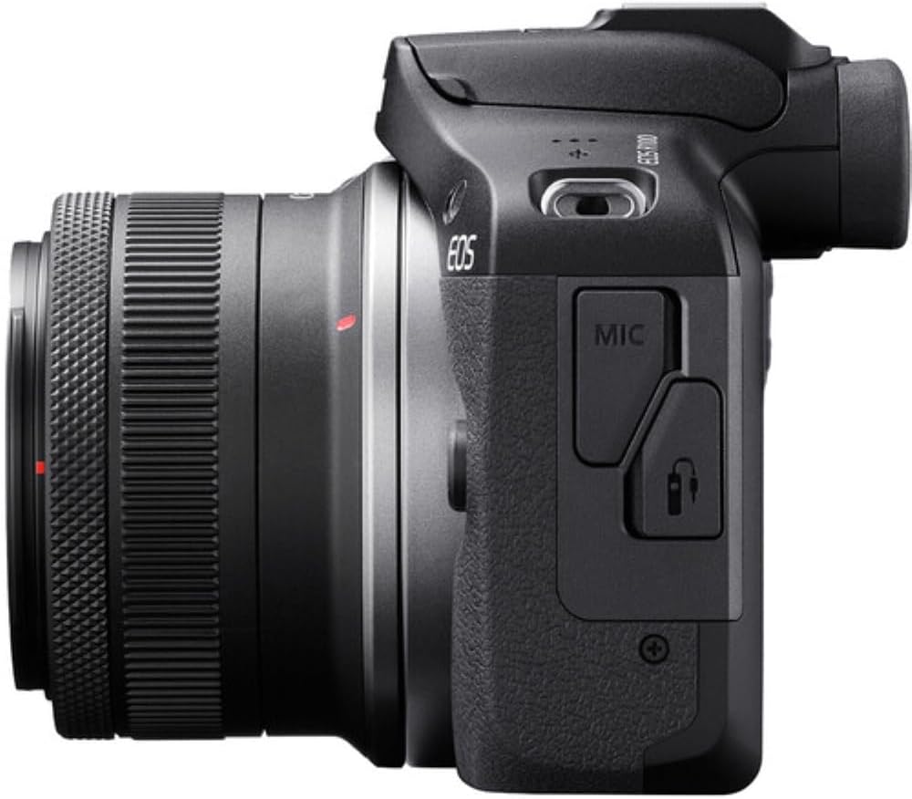 Appareil photo hybride Canon EOS R100 doté de objectif RF-S 18-45 mm F4.5-6.3 IS STM, capteur CMOS 24,1 mégapixels (APS-C), vidéo 4K, monture RF | Noir | Livré doté de carte de stockage 64 Go et sacoche (3 articles)