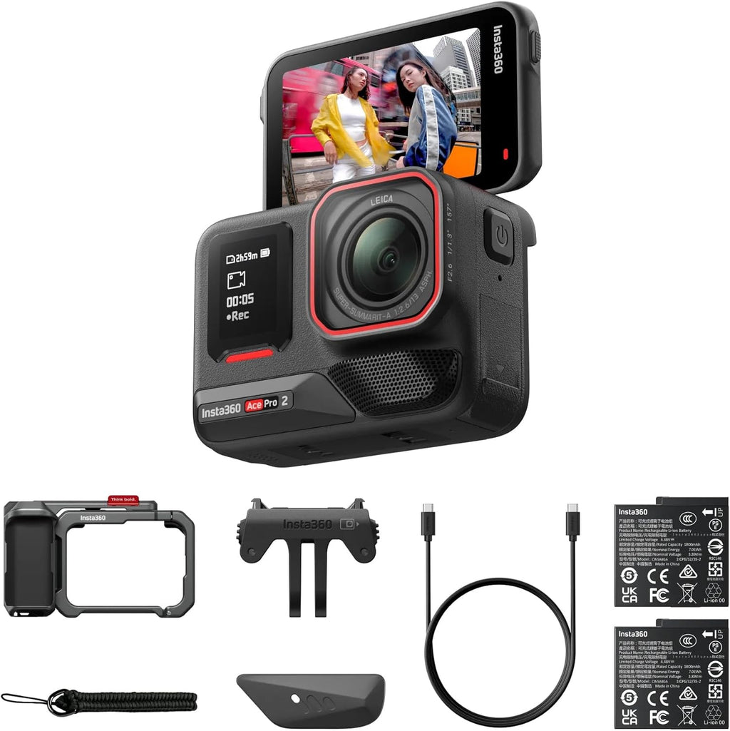 Pack Insta360 Ace Pro 2 Dual Battery Xplorer - Caméra sportive résistant à l’eau 8K conçue en collaboration doté de Leica, capteur 1/1,3", 8K 30 ips, 4K 60 ips, écran orientable 2,5", réduction du bruit par IA