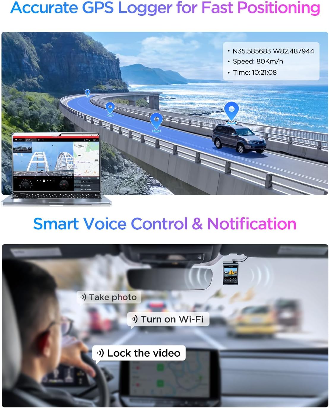Caméra embarquée VIOFO A329S 4K 60 ips, double caméra avant et arrière 4K+2K, mode parking écoénergétique, Wi-Fi 6, contrôle via application, double capteur STARVIS 2, compatible doté de SSD jusqu'à 4 To