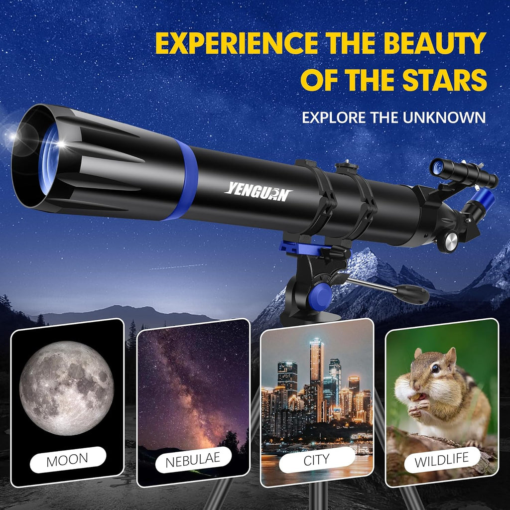 Lunette/télescope 90 mm d'ouverture, focale de 800 mm - Lunette/télescope réfracteur professionnel pour adultes et enfants, haute puissance, simple à prendre en main pour les utilisateurs novices, adaptateur pour téléphone