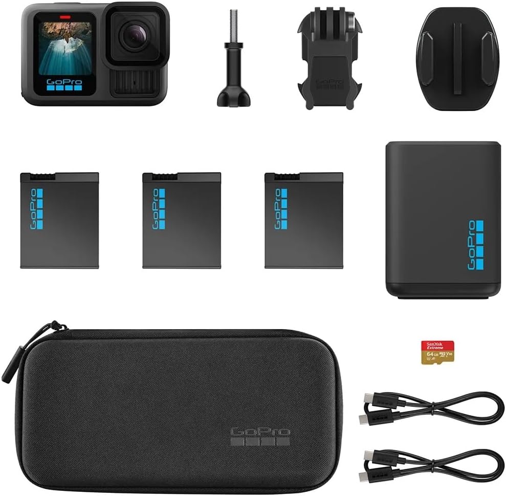 Kit caméra d'action GoPro HERO13 Black avec 3 batteries Enduro, double chargeur, carte microSD 64 Go et kit d'accessoires – Vidéo Ultra HD 5,3K, HyperSmooth 6.0, résistant à l’eau.