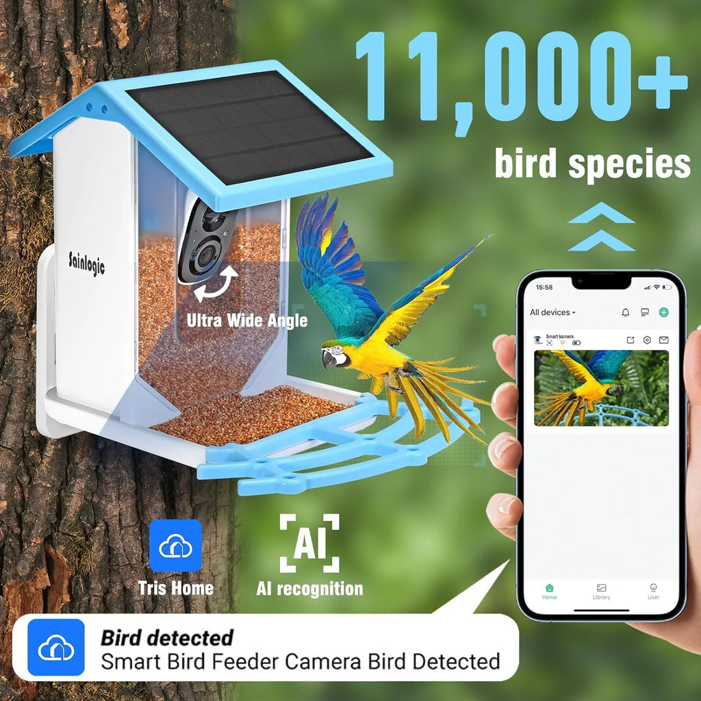Mangeoire intelligente pour oiseaux avec caméra HD 1080p, identification des espèces d'oiseaux grâce à 2 panneaux solaires, détection de mouvement WiFi, mangeoire intelligente idéale en cadeau (bleu clair) (bleu paon) – Présentation