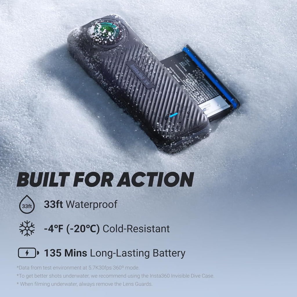 Kit Insta360 X4 : Caméra d'action 360° étanche 8K, vidéo grand angle 4K, perche à selfie invisible, protections d'objectif amovibles, autonomie de 135 min, montage IA, stabilisation.